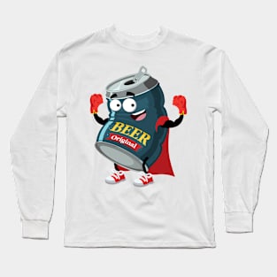 Superhero cartoon beer in an aluminum can mascot Long Sleeve T-Shirt